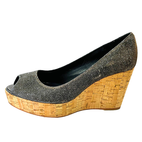 Stuart Weitzman Grey Lurex Glitter Anna Cork Wedge Platform Peep Toe Pumps 9.5 - Picture 6 of 13